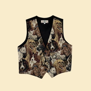 1980er Jahre L Hundemuster Weste von Orvis, Vintage 80er Jahre Damen Gobelin Weste mit Satinrücken