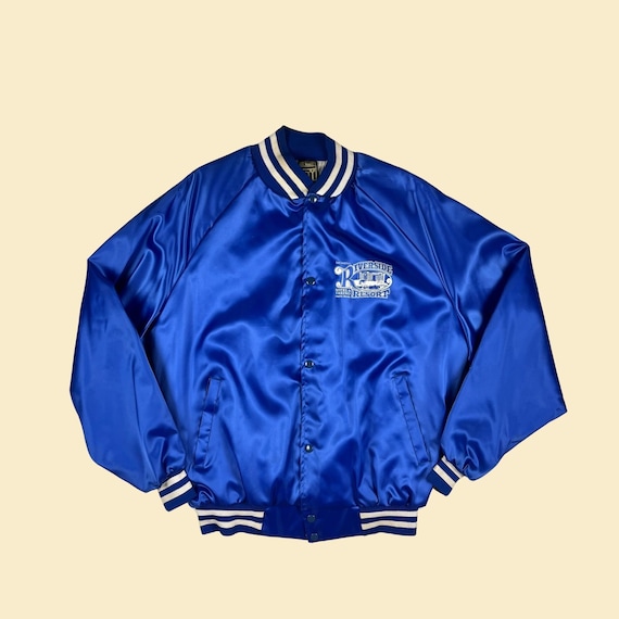 1980s Lee Western XL Bomber Jacket, Vintage 80s Satin Blue