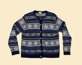 Maglione cardigan blu anni '90, maglione acrilico lavorato a maglia con bottoni taglia L di Classic Elements