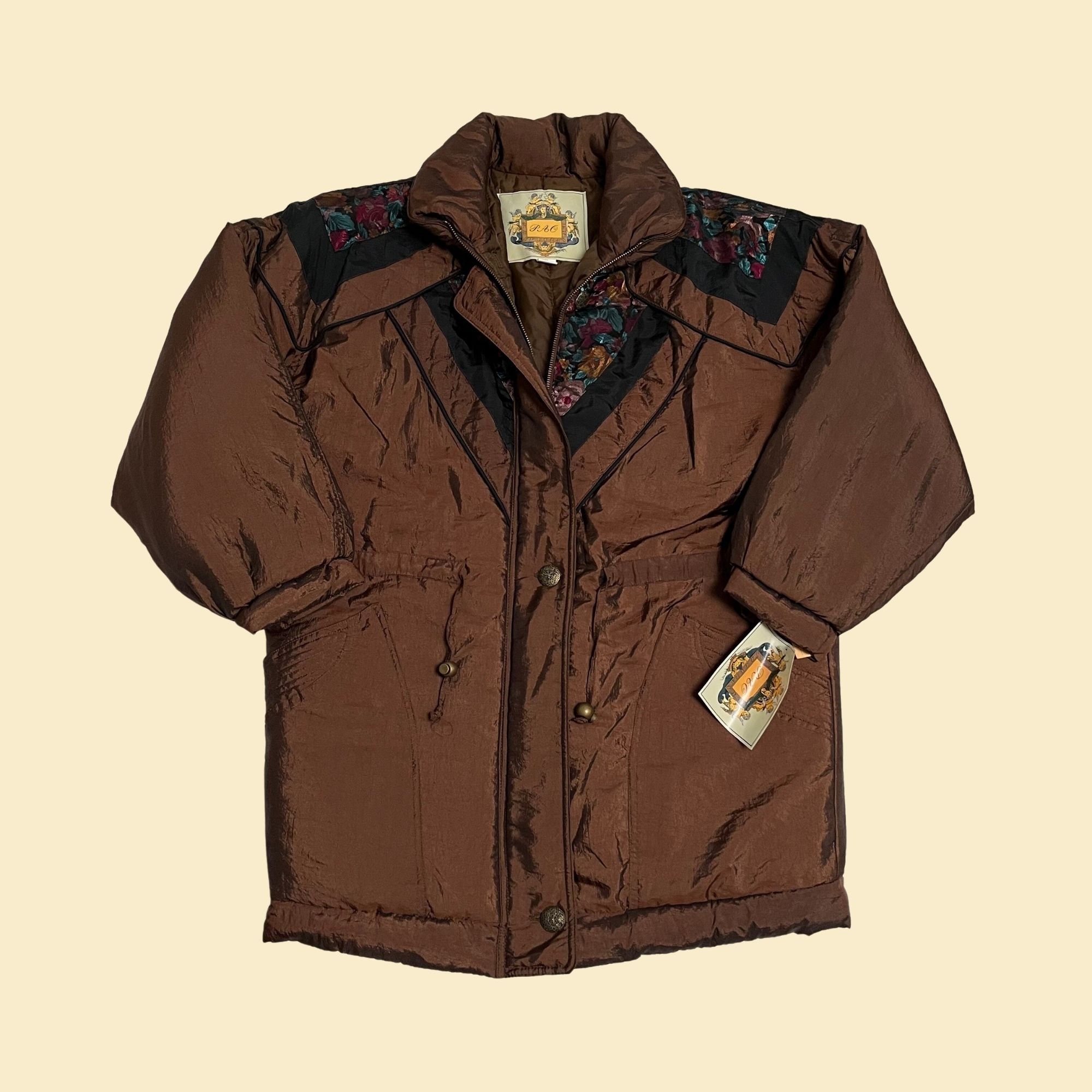 90er Jahre Kugeljacke in Kupfer Metallic Ton im Color Block Muster, Vintage 90er Jahre Medium Mantel mit floralem Gobelin