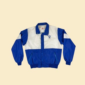Jaqueta corta-vento Bowie Bears dos anos 70/80, jaqueta esportiva vintage azul e branca com zíper