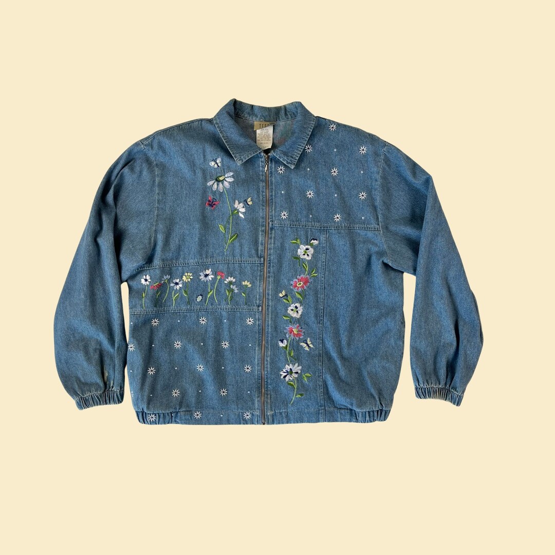 ジャケット・アウター 80s vintage flower denim jeans jacket 80s Floral Denim Jacket by Teddi, Size L Vintage 1980s