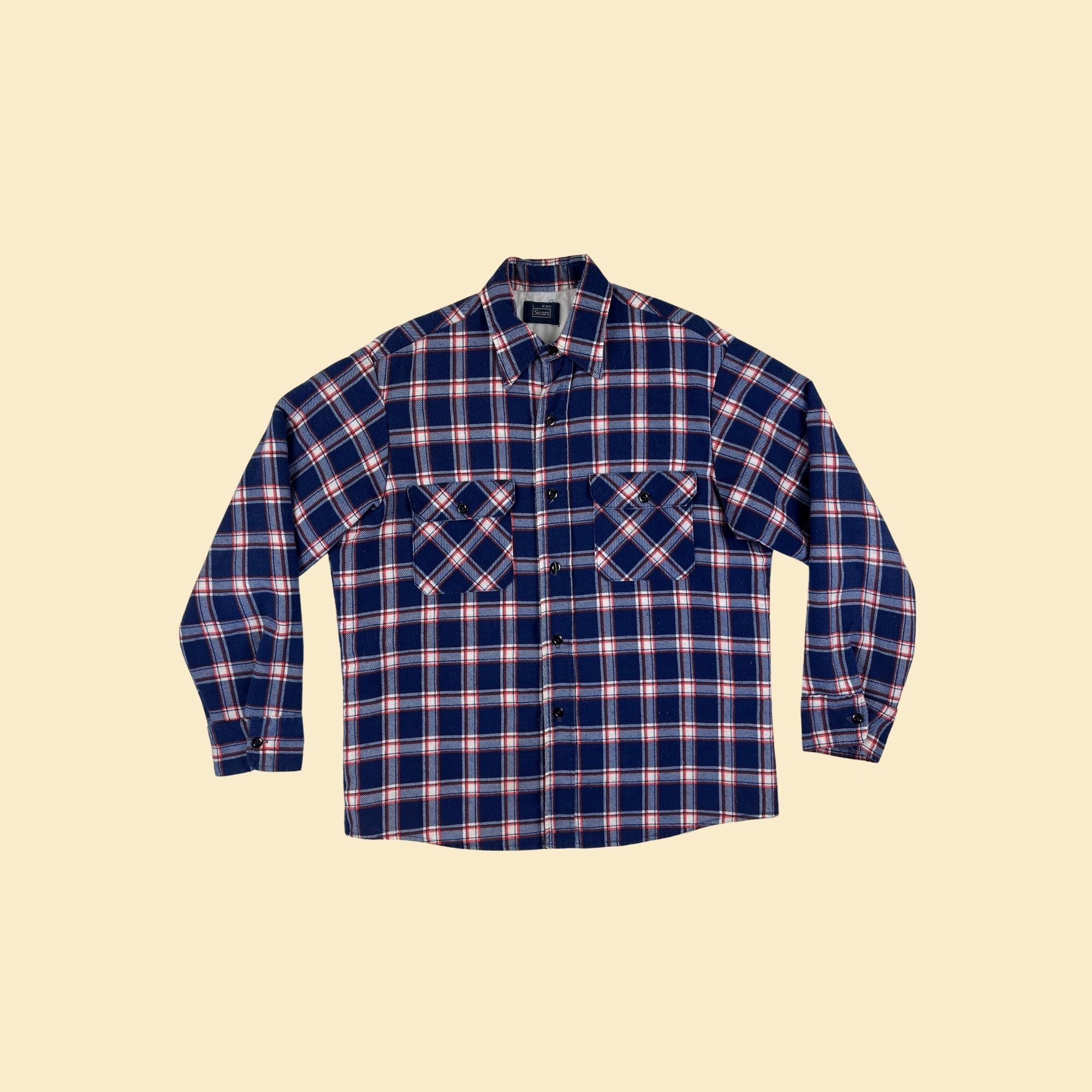 Vintage Sears Shirt XL 70s Plaid Flannel Blue Club Grunge