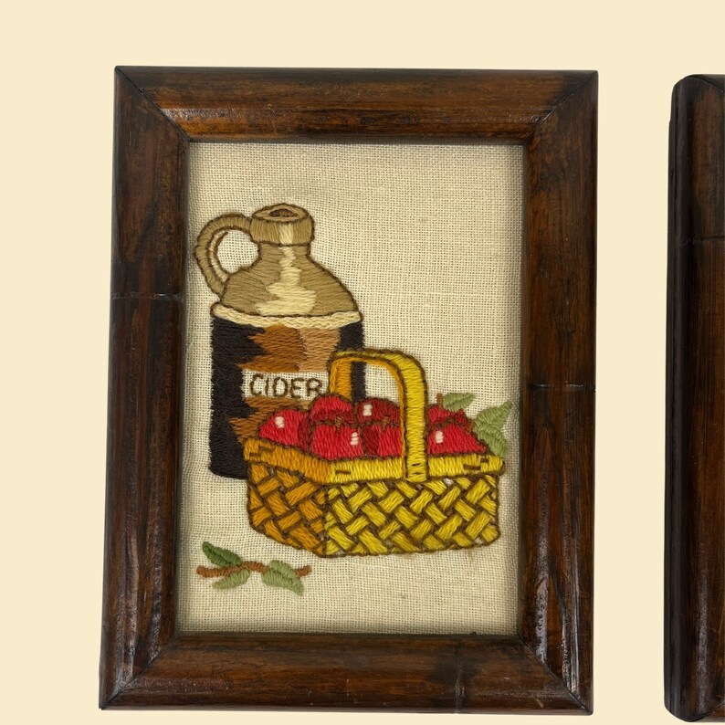 Set of Vintage Crewel Art Frames W/ Apples & Spices, 1970s Farmhouse