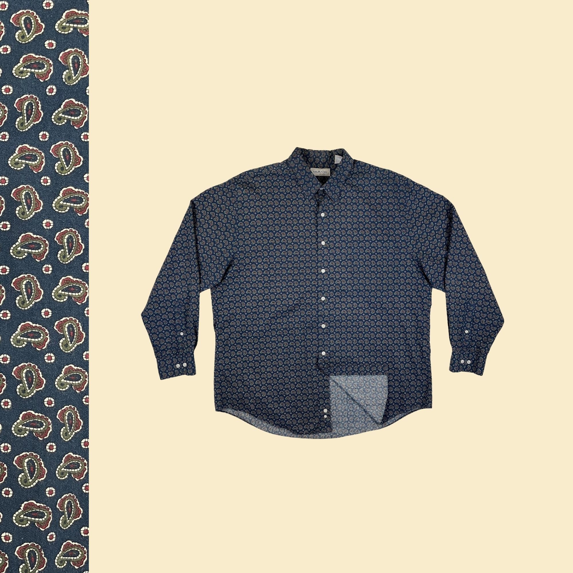 Camisa azul con estampado paisley XL de los anos 90 de Murano camisa vintage de manga larga con botones en azul burdeos y verde para hombre anos 90 Etsy Espana