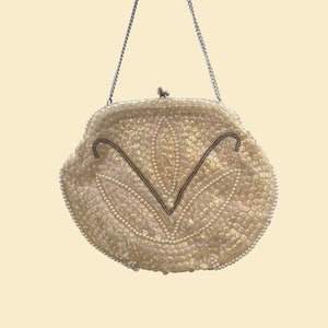 Bolso de noche vintage de lentejuelas blancas de los años 70, clutch beige y gris con cuentas, bolso de mano color marfil de los años 70