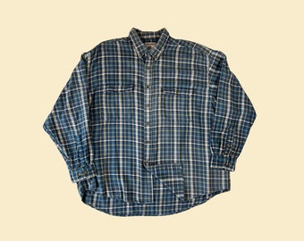 90s XL blue flannel shirt by High Sierra, vintage 1990s plaid blue & yellow long sleeve casual button down