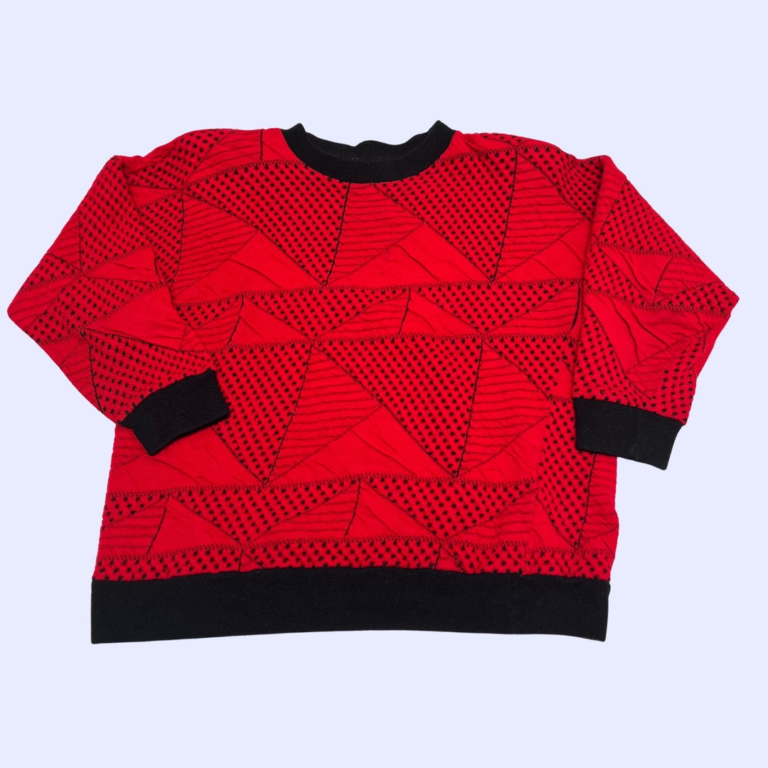 Vintage 80s Acrylic Sweater, Small Triangular Patterned Geometric Red