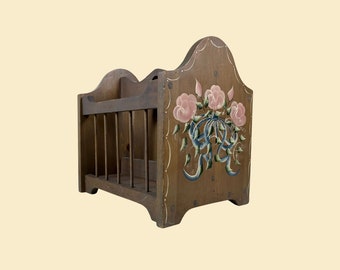 Vintage tole painted wooden magazine rack, c. 1930s-1950s floral magazine organizer