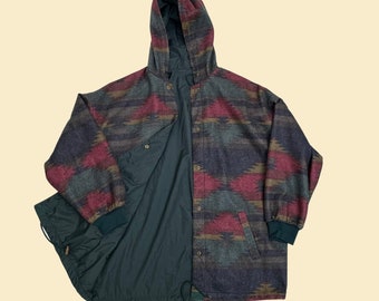 90s reversible windbreaker jacket by Karizma, vintage 1990s aztec patterned and green nylon jacket