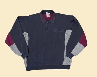 90s long sleeve color block polo shirt by Discus Athletic, vintage 1990s blue, grey and maroon shirt