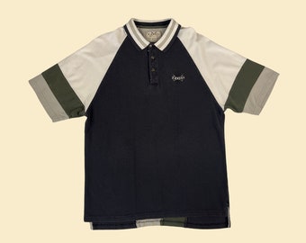 90s golf polo shirt, vintage 1990s size L Izod colorblock olive green, beige & black short sleeve men's shirt