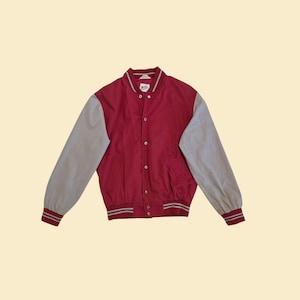 Vintage 1970s Windbreaker, Modz Größe L (16-18) Colorblock Rot & graue Snap Verschluss Varsity Jacke