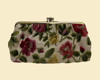 Pochette à main florale des années 1960, sac à main vintage des années 60 beige, rose et vert avec cadenas en laiton