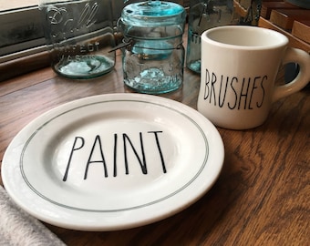 Vintage Rae Dunn Inspired Paint Brushes Mug and Plate - Painters Palette - Crafts Crafting - Repurposed Restaurant Dishes - Farmhouse Decor