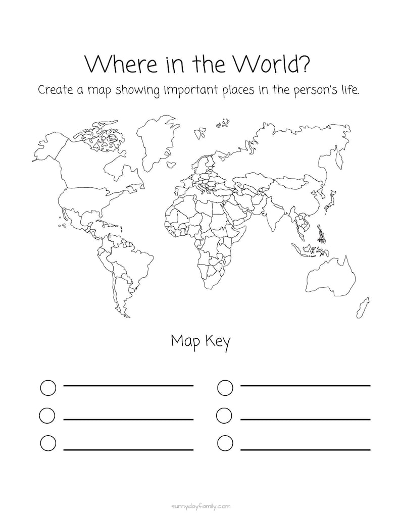 May include: A black and white outline of a world map with country borders. The map is labeled "Where in the World?" and "Create a map showing important places in the person's life." There is a map key with three blank lines and circles.