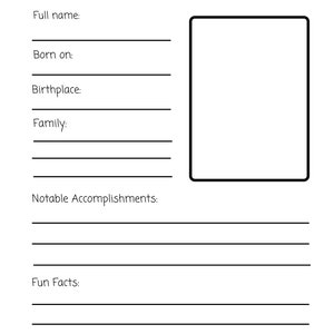 May include: A printable worksheet with the title "All About" and blank lines for filling in information about a person, including their full name, birthdate, birthplace, family, notable accomplishments, and fun facts.