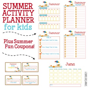May include: A printable summer activity planner for kids with a beach theme. The planner includes a daily checklist, a bucket list, a reading list, a June calendar, and a coupon book. The planner is decorated with beach-themed illustrations, including an umbrella, a turtle, and a crab.