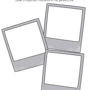 May include: Three blank photo frames with a gray border and a dotted texture. The text "Snapshots" and "Draw 3 important moments in the person's life." is above the frames.