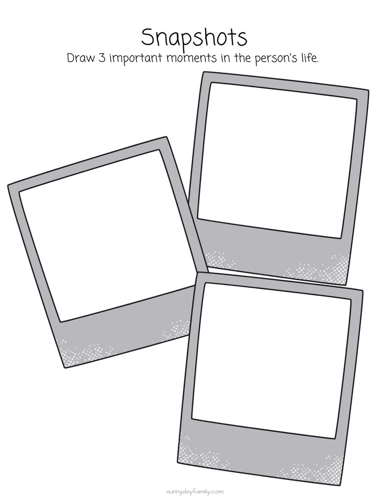 May include: Three blank photo frames with a gray border and a dotted texture. The text "Snapshots" and "Draw 3 important moments in the person's life." is above the frames.