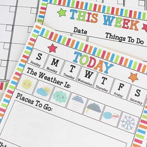 May include: A printable daily planner with colorful stripes and stars. The planner includes sections for "Today", "The Weather Is", "Places To Go", and "Things To Do".