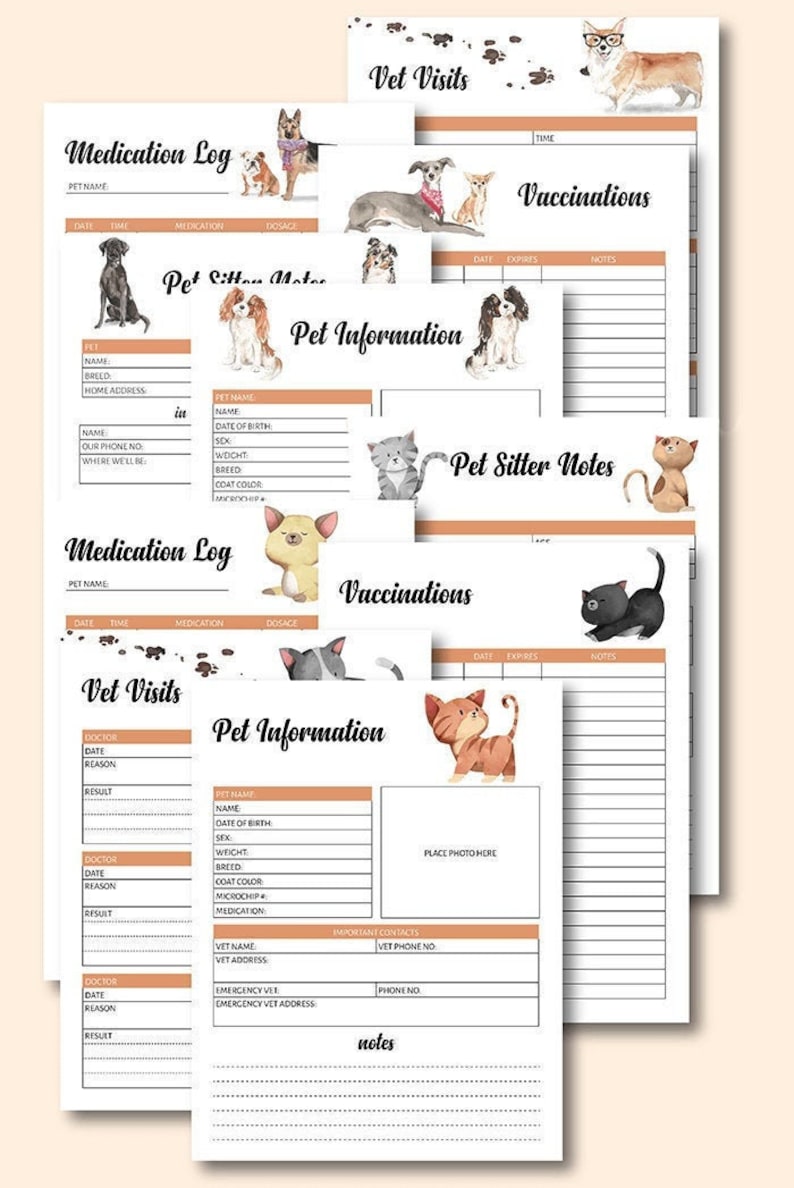 May include: Printable pet log pages with watercolor illustrations of cats and dogs. The pages include sections for medication log, vet visits, vaccinations, pet information, and pet sitter notes.