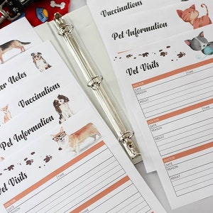 May include: A white binder with dividers for pet information. The dividers are labeled "Medication Log", "Pet Sitter Notes", "Vaccinations", "Pet Information", and "Vet Visits". Each divider has a cute cartoon animal illustration.