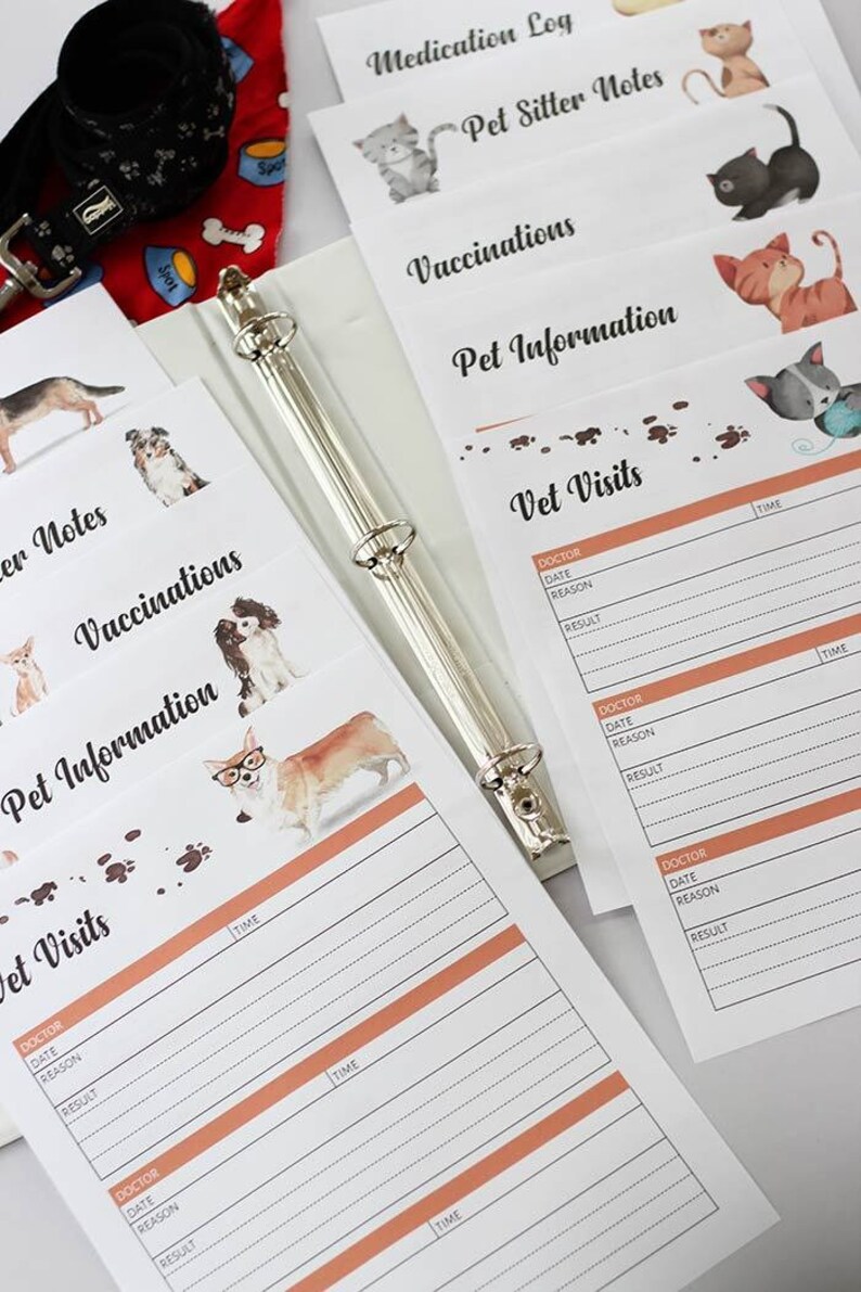 May include: A white binder with dividers for pet information. The dividers are labeled "Medication Log", "Pet Sitter Notes", "Vaccinations", "Pet Information", and "Vet Visits". Each divider has a cute cartoon animal illustration.
