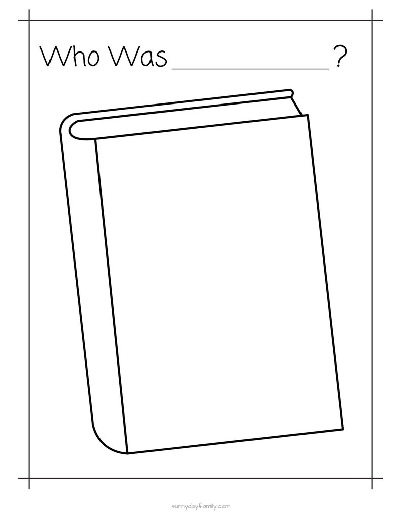 May include: Black and white line drawing of a book with the text "Who Was ____?" above it.