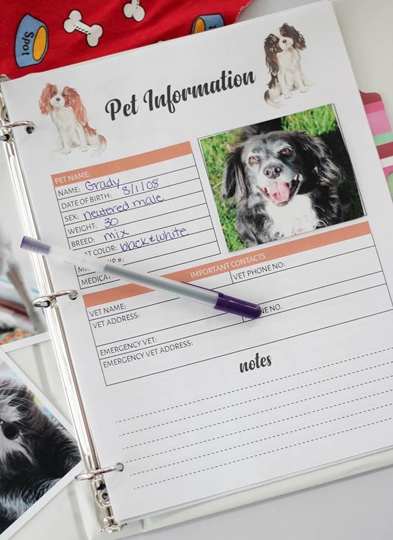 May include: A white binder with a page open to a pet information form. The form has fields for pet name, date of birth, sex, weight, breed, and color. The form also has a section for important contacts and notes. A photo of a black and white dog is on the page.