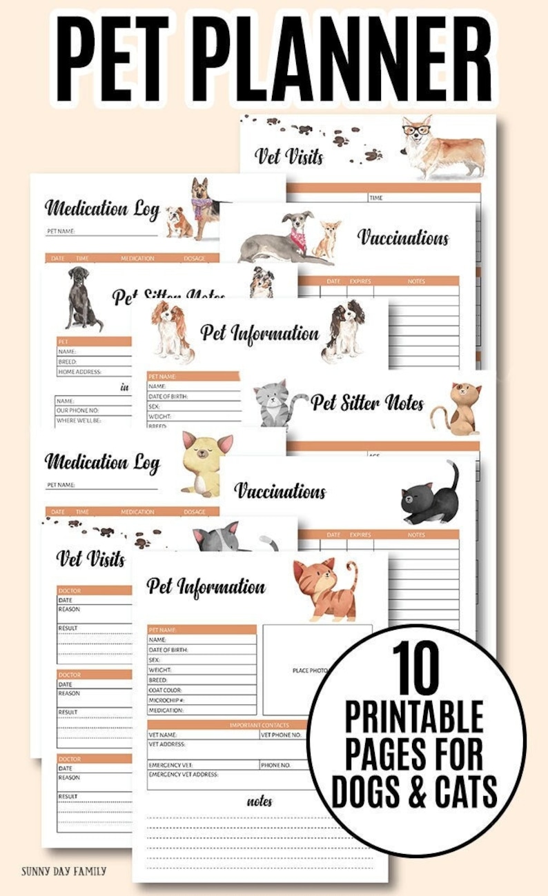 May include: Printable planner pages for dogs and cats with illustrations of various dog and cat breeds. The pages include sections for medication log, vet visits, vaccinations, pet information, and pet sitter notes.
