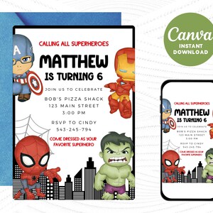 Può includere: Un invito stampabile per una festa di compleanno a tema supereroi per un bambino di nome Matthew che compie sei anni. L'invito presenta immagini di supereroi dei cartoni animati come Spiderman, Hulk, Iron Man e Captain America. L'invito include i dettagli della festa, come la data, l'ora, il luogo e le informazioni RSVP.
