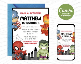 Puede incluir: Una invitación imprimible para una fiesta de cumpleaños con temática de superhéroes para un niño llamado Matthew que cumple seis años. La invitación presenta imágenes de dibujos animados de superhéroes como Spiderman, Hulk, Iron Man y Captain America. La invitación incluye los detalles de la fiesta, como la fecha, la hora, la ubicación y la información de RSVP.