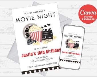 May include: A printable invitation for a movie night party to celebrate a 10th birthday. The invitation features a red and white striped popcorn bucket, a film reel, and a clapperboard. The text on the invitation reads "Pop on over for a Movie Night to celebrate Justin's 10th Birthday".