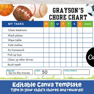 Chore Chart, Printable Editable Chore Chart, Kids Chore Responsibility Chart, Instant Download, Kids Routine Chart, Digital Download, Sports
