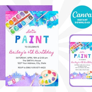 Art Birthday Party Invitation Painting Party Invite Canvas Craft Party Rainbow Pastel Colorful Crayon Brush Digital Editable Download Canva