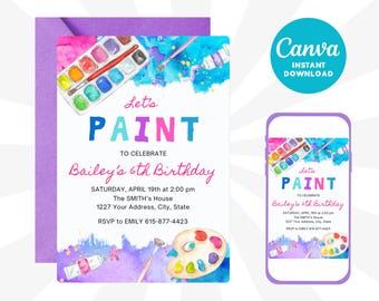 Art Birthday Party Invitation: Rainbow Paint Theme (Digital Editable Download)
