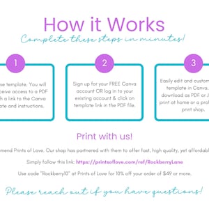 May include: A pink and blue graphic with the text "How it Works" and "Complete these steps in minutes!"  Three steps are outlined with numbers 1, 2, and 3. Each step is in a white box with a pink circle containing the number. The text in each box describes the steps for purchasing, editing, and printing a digital template. The text "Print with us!" is in blue. The text "We recommend Prints of Love. Our shop has partnered with them to offer fast, high quality, yet affordable printing. Simply follow this link: https://printsoflove.com/ref/RockberryLane Use code "Rockberry10" at Prints of Love for 10% off your order of $49 or more. Please reach out if you have questions!" is in black.