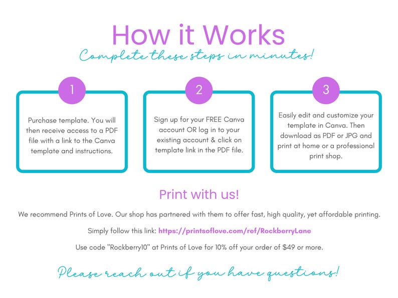 May include: A pink and blue graphic with the text "How it Works" and "Complete these steps in minutes!"  Three steps are outlined with numbers 1, 2, and 3. Each step is in a white box with a pink circle containing the number. The text in each box describes the steps for purchasing, editing, and printing a digital template. The text "Print with us!" is in blue. The text "We recommend Prints of Love. Our shop has partnered with them to offer fast, high quality, yet affordable printing. Simply follow this link: https://printsoflove.com/ref/RockberryLane Use code "Rockberry10" at Prints of Love for 10% off your order of $49 or more. Please reach out if you have questions!" is in black.