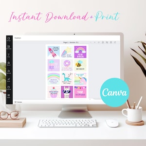 May include: A computer screen displaying a Canva design with 12 colorful printable cards featuring positive affirmations and cute illustrations. The cards include phrases like "You are out of this world", "Keep your light shining", "You are special", "Bee Brave", "Have a dino-mite day", "Yay! It's Friday!" and more.