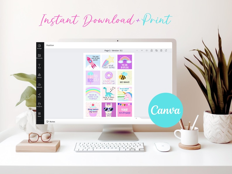 May include: A computer screen displaying a Canva design with 12 colorful printable cards featuring positive affirmations and cute illustrations. The cards include phrases like "You are out of this world", "Keep your light shining", "You are special", "Bee Brave", "Have a dino-mite day", "Yay! It's Friday!" and more.