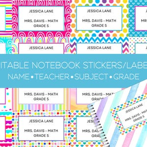 Può includere: Etichette o adesivi per quaderni modificabili con motivi colorati e testo che dice "Etichette/adesivi per quaderni modificabili Nome Insegnante Materia Classe". Gli adesivi presentano diversi motivi come arcobaleni, cuori, strisce e pois.