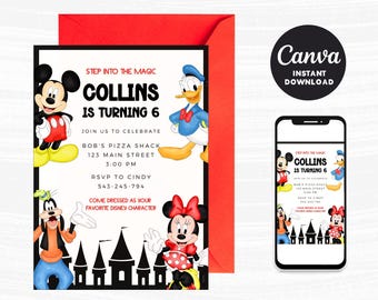 Invitación de cumpleaños de Mickey Mouse Clubhouse: Plantilla imprimible de Canva de 5x7 (descarga digital)