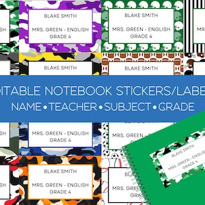 May include: Editable notebook stickers or labels with a variety of camouflage patterns. The stickers feature the text "Blake Smith", "Mrs. Green - English", and "Grade 4".