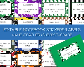 Editable School Labels, DIY Notebook Labels, Boy Label, Notebook Labels, Notebook Name Label Sticker, Canva Editable Template, Kids Notebook