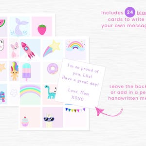May include: A set of 24 blank cards with colorful illustrations, including a watermelon, mermaid tail, strawberry, cat, rocket, star, rainbow, donut, roller skate, dinosaur, cupcake, and llama. The cards are designed for writing personalized messages. The text on the card reads "I'm so proud of you, Lilal Have a great day! Love, Mom XOXO".