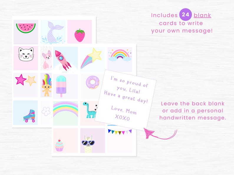 May include: A set of 24 blank cards with colorful illustrations, including a watermelon, mermaid tail, strawberry, cat, rocket, star, rainbow, donut, roller skate, dinosaur, cupcake, and llama. The cards are designed for writing personalized messages. The text on the card reads "I'm so proud of you, Lilal Have a great day! Love, Mom XOXO".