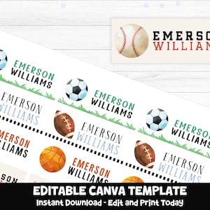 Pode incluir: Modelo Canva editável com tema esportivo. O modelo apresenta uma variedade de equipamentos esportivos, incluindo bolas de beisebol, futebol, futebol e basquete. O modelo é projetado para uso com o aplicativo Canva e pode ser personalizado com nomes e outro texto. O texto no modelo diz "EMERSON WILLIAMS" e "MODELO CANVA EDITÁVEL".