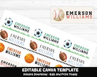 Editable School Labels, DIY Notebook Labels, Boy Labels, Notebook Labels, Notebook Name Label Sticker, Canva Editable Template, Sports Label