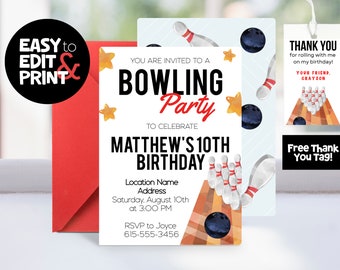 May include: A bowling-themed birthday party invitation with a blue and white background. The invitation features a bowling ball, bowling pins, and the text "You are invited to a Bowling Party to celebrate Matthew's 10th Birthday".